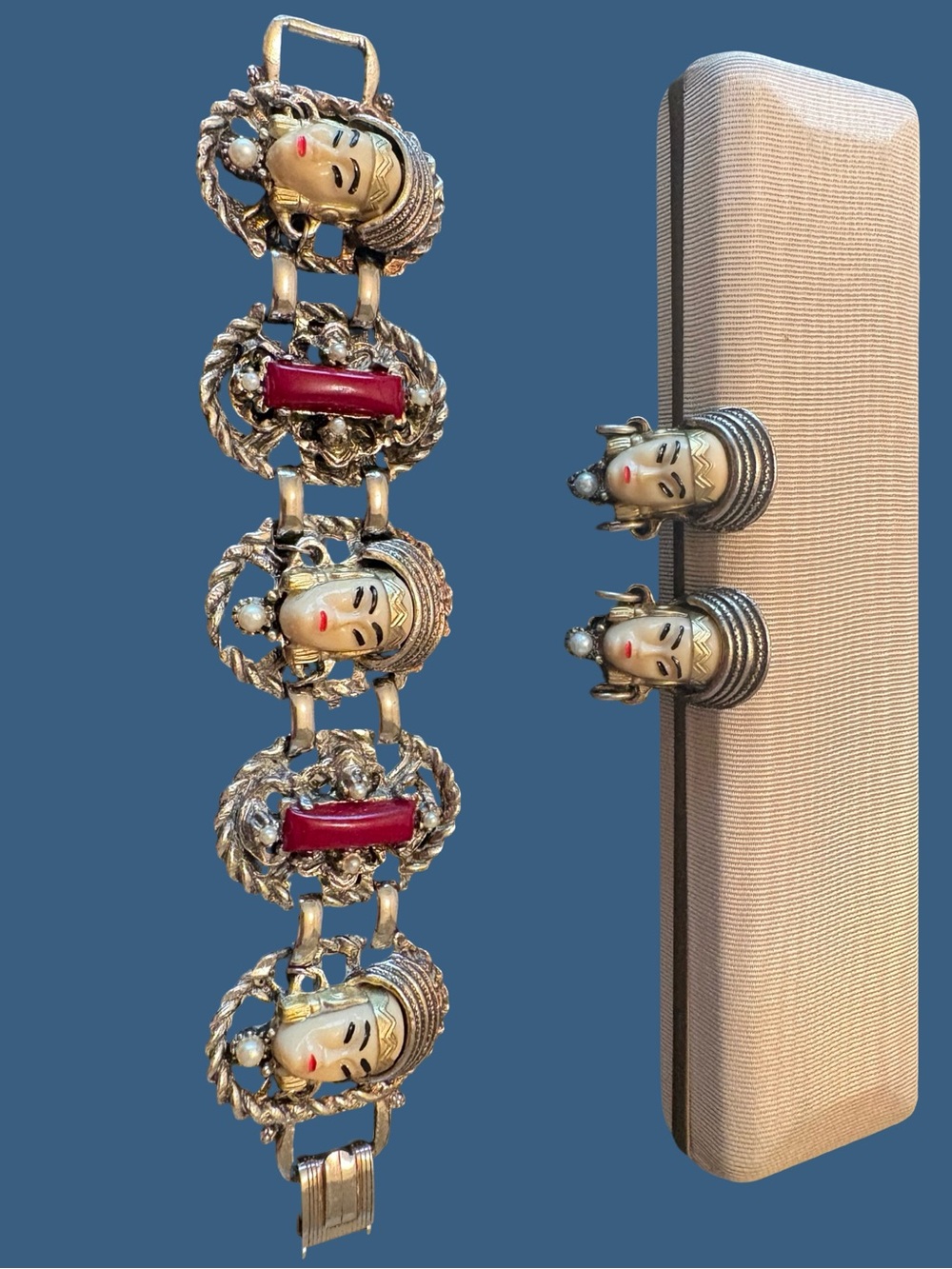 Vintage Selro Selini Thai princess Bracelet/earrings set with Red Enamel Accents